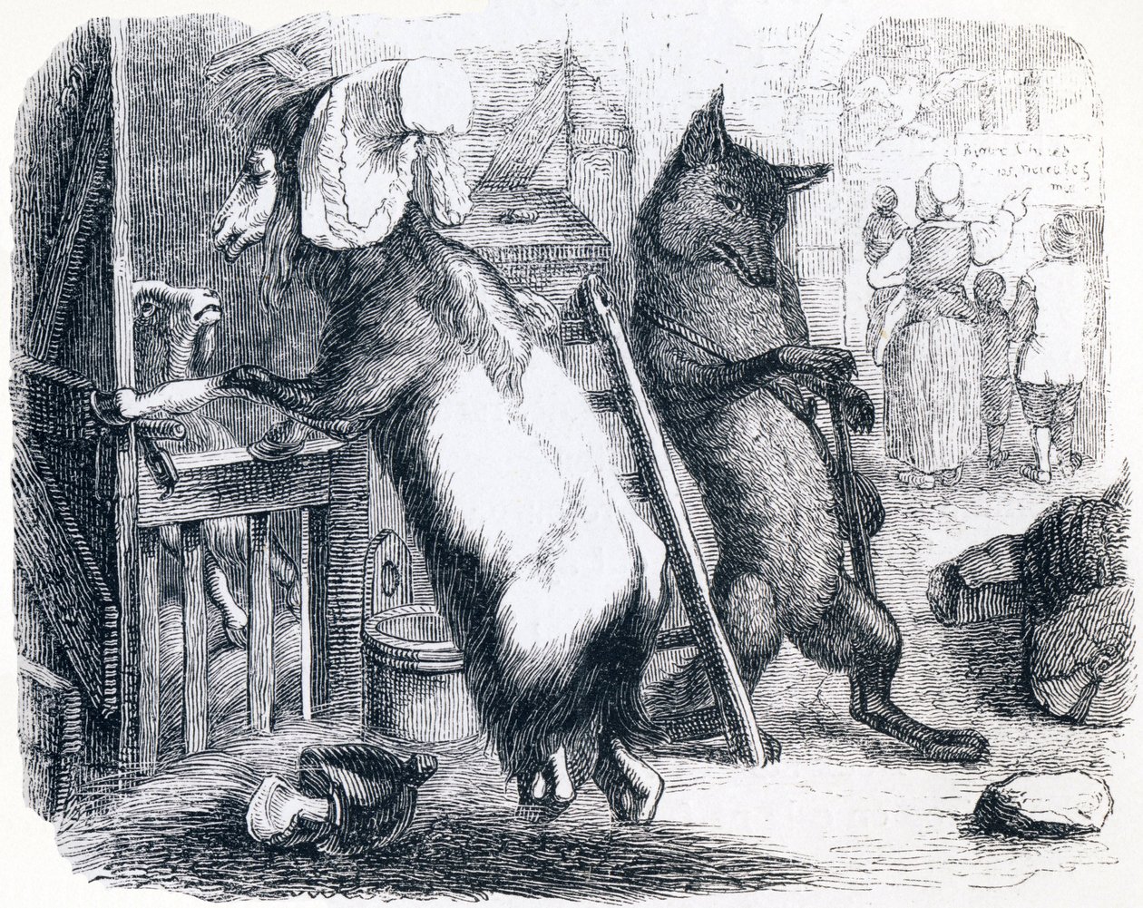 A farkas, a kecske és a kecskebaba – La Fontaine meséi alkotó: Grandville