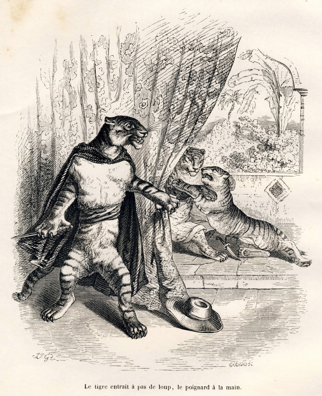 Tigris lép a színpadra, tőrrel a kezében. A matricákat JJ Granville illusztrálta. Godard által aláírt metszet a Jules Janin által írt "Az első pisztolysorozat" című részben "Az állatok magán- és közéletének jelenetei". Paris, J. H alkotó: Grandville