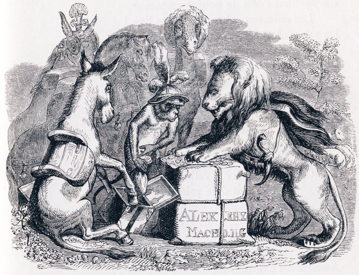 Az állatok tisztelete Sándornak – La Fontaine meséi alkotó: Grandville