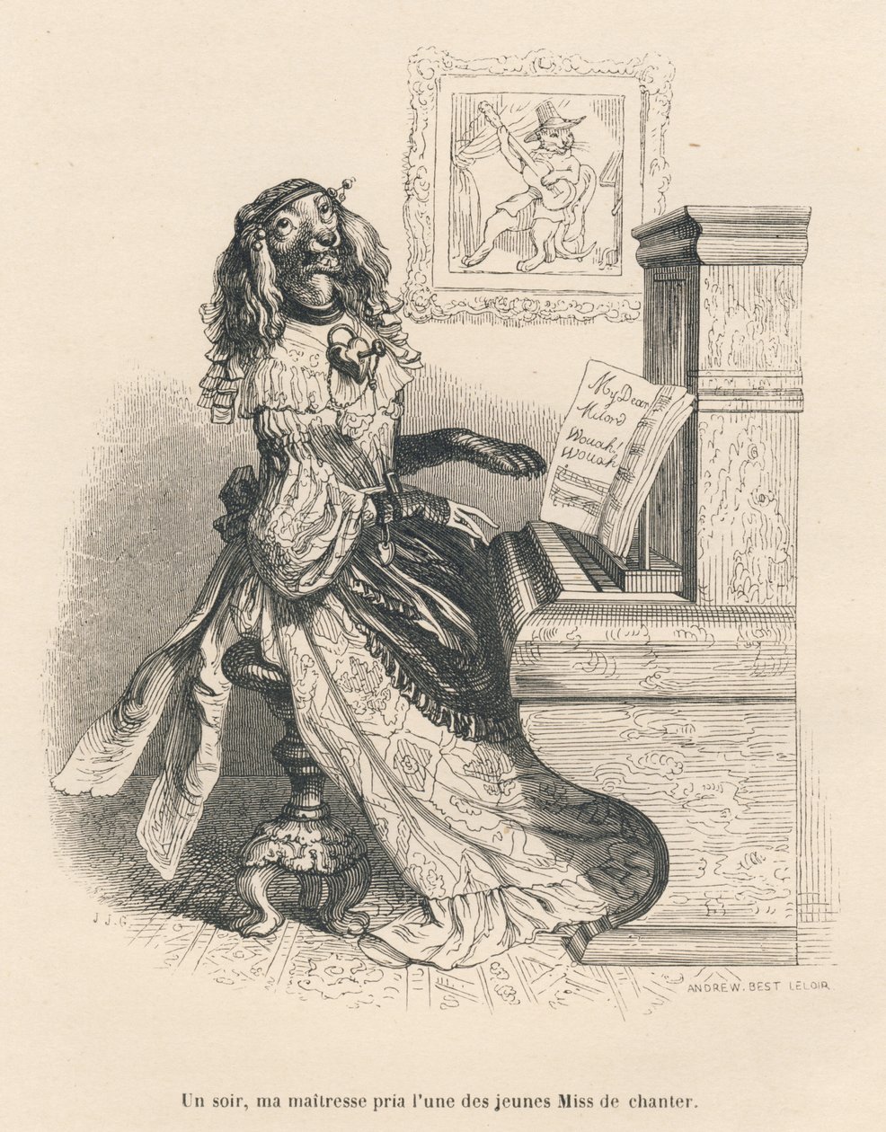 Egy kutya énekel a zongoránál. JJ Granville által illusztrált matricák. Andrew, Best és Leloir által aláírt metszet a Honore de Balzac által írt "Peines de cour d