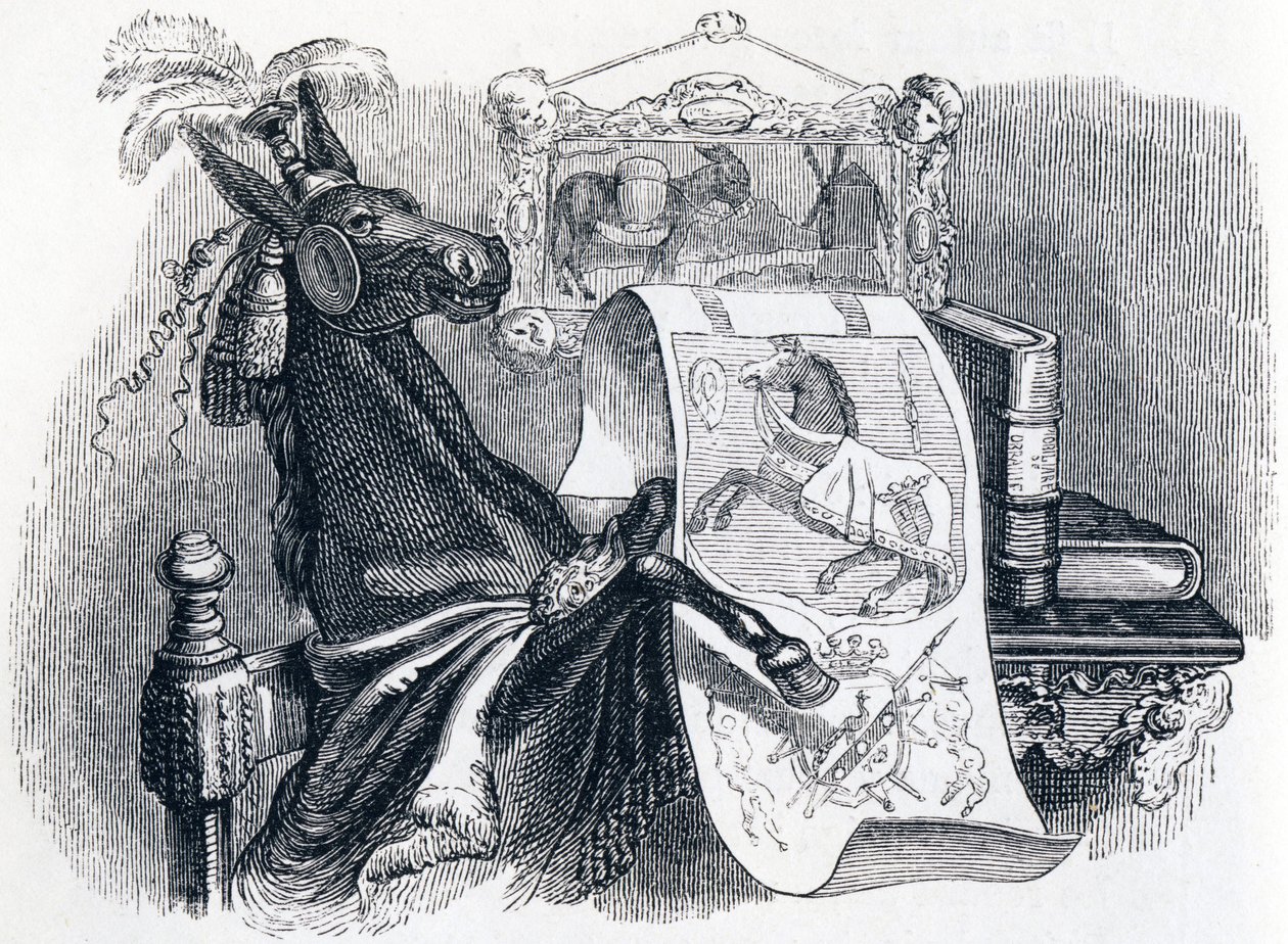 a genealógiájával kérkedő öszvér – La Fontaine meséi alkotó: Grandville