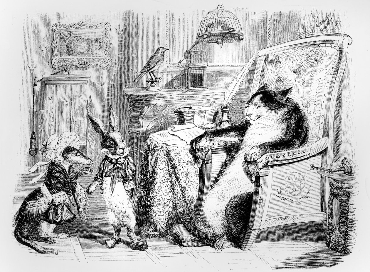 A macska, a menyét és a kis nyúl, illusztráció a La Fontaine „Fables”-hoz (1621-95), kiadó: H. Fournier Aine, 1838 alkotó: Grandville