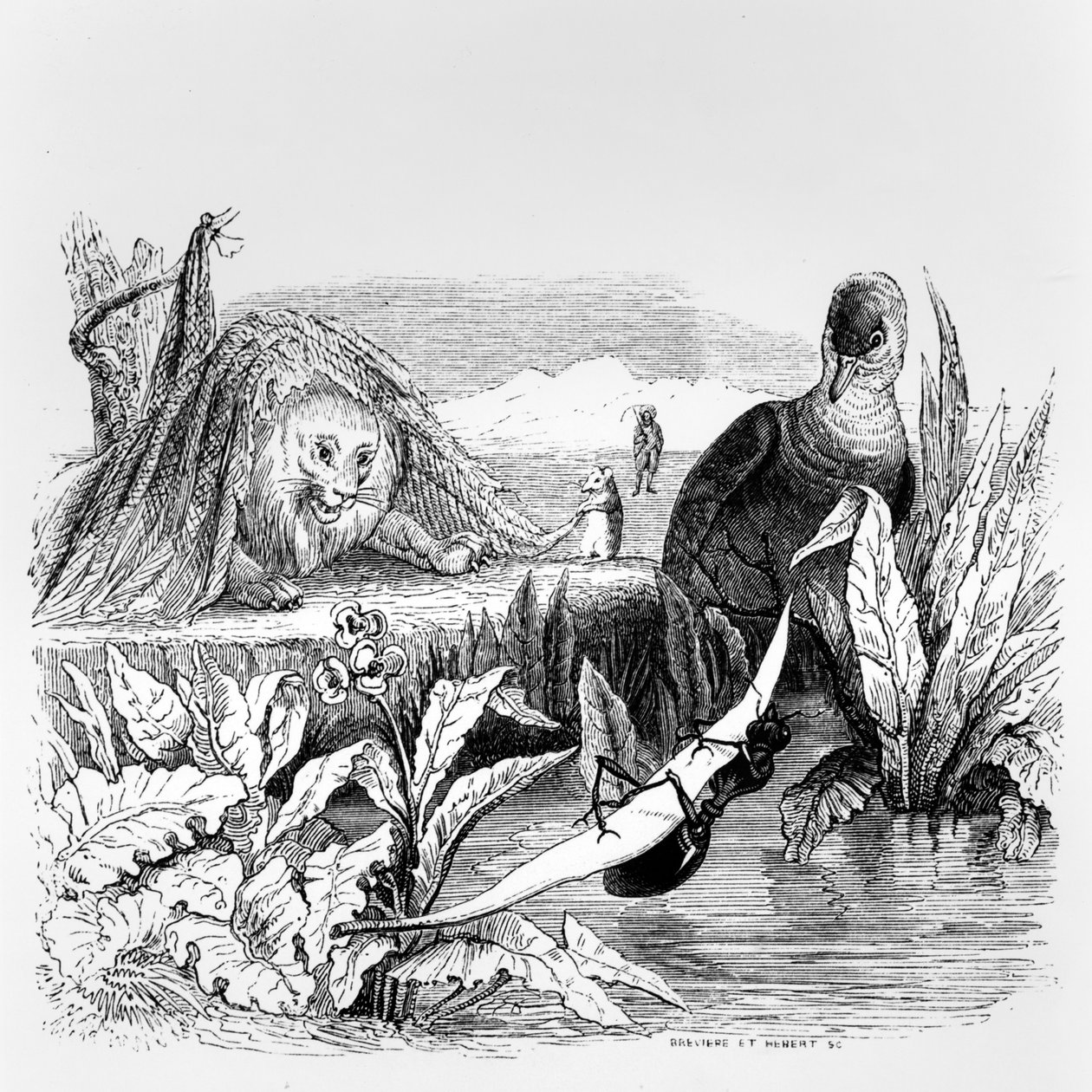 A galamb és a hangya, az oroszlán és a patkány, illusztráció La Fontaine "Meséi"-hez, kiadta H. Fournier Aine, 1838. alkotó: Grandville