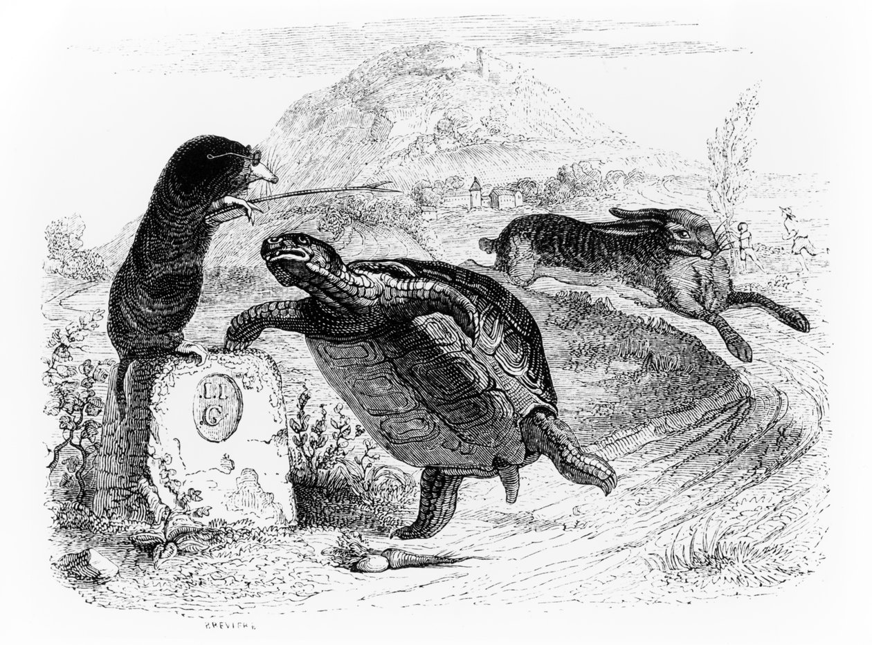 A nyúl és a teknős, illusztráció a La Fontaine „Fables”-hoz, H. Fournier Aine, 1838 alkotó: Grandville