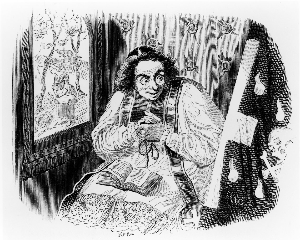 A pap és a holttest, illusztráció a La Fontaine „Fables”-hoz, H. Fournier Aine, 1838 alkotó: Grandville