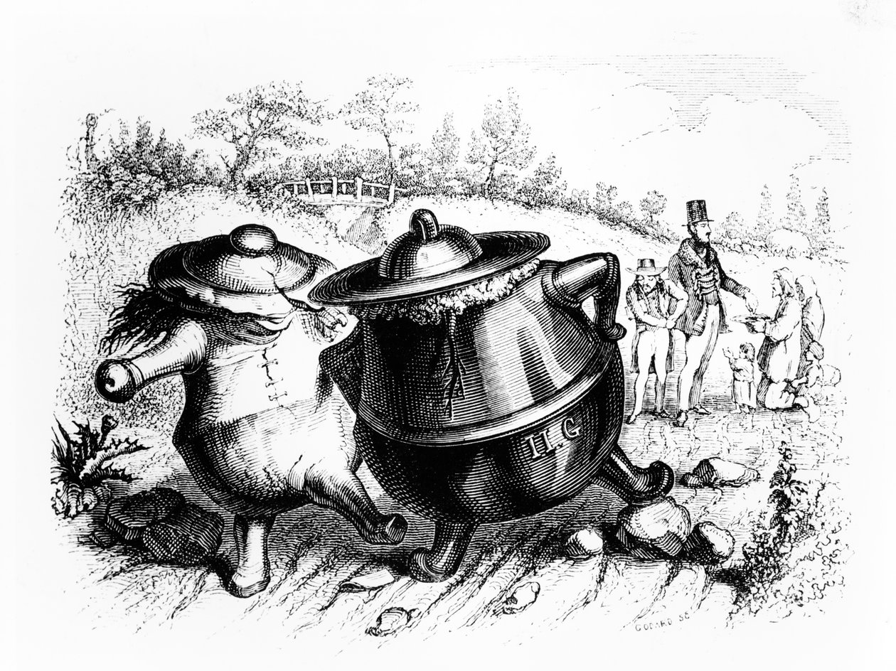 A két fazék, illusztráció La Fontaine (1621-95) "Meséi"-hez, kiadta H. Fournier Aine, 1838. alkotó: Grandville
