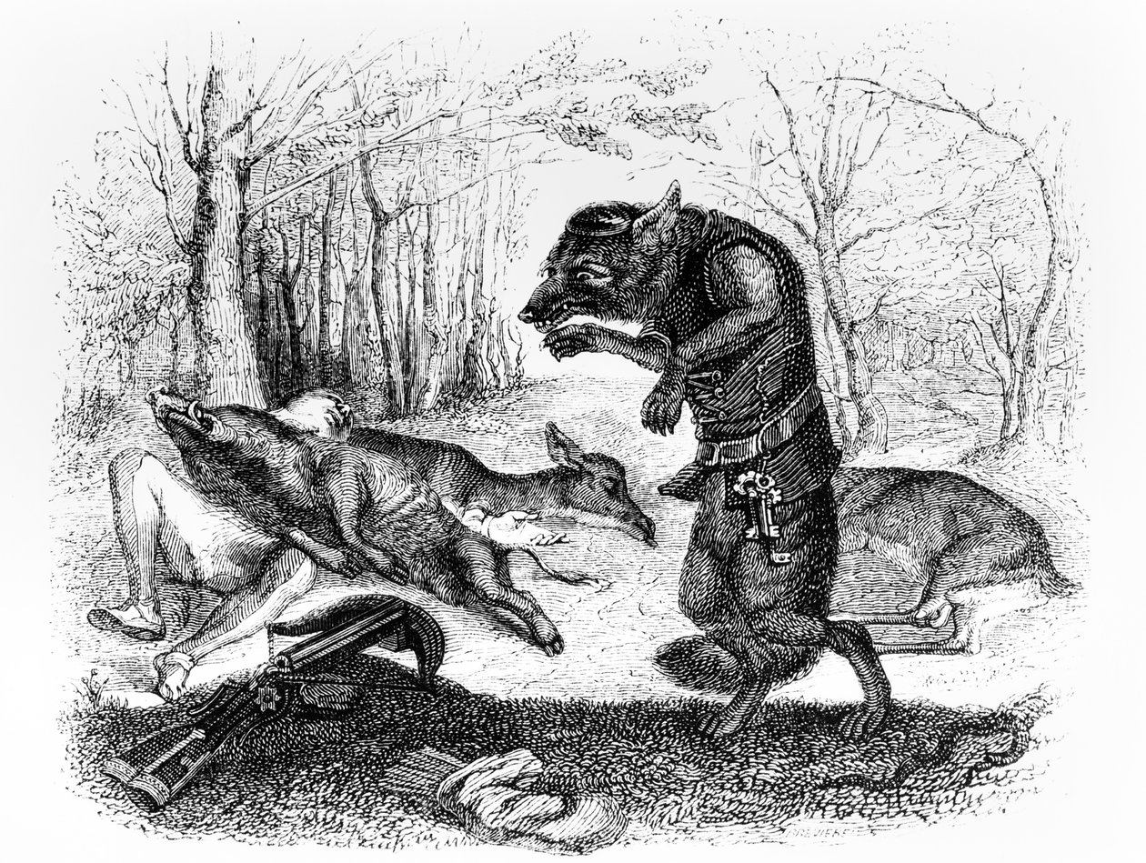 A farkas és a vadász, illusztráció a La Fontaine „Fables”-hoz, H. Fournier Aine, 1838 alkotó: Grandville