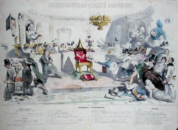 Grande Course au Clocher Academique, az Institut de France-ot ábrázoló karikatúra, 1839 (lásd még: 218693) (színes metszet) alkotó: Grandville 1803 47 after Grandville 1803 47 after