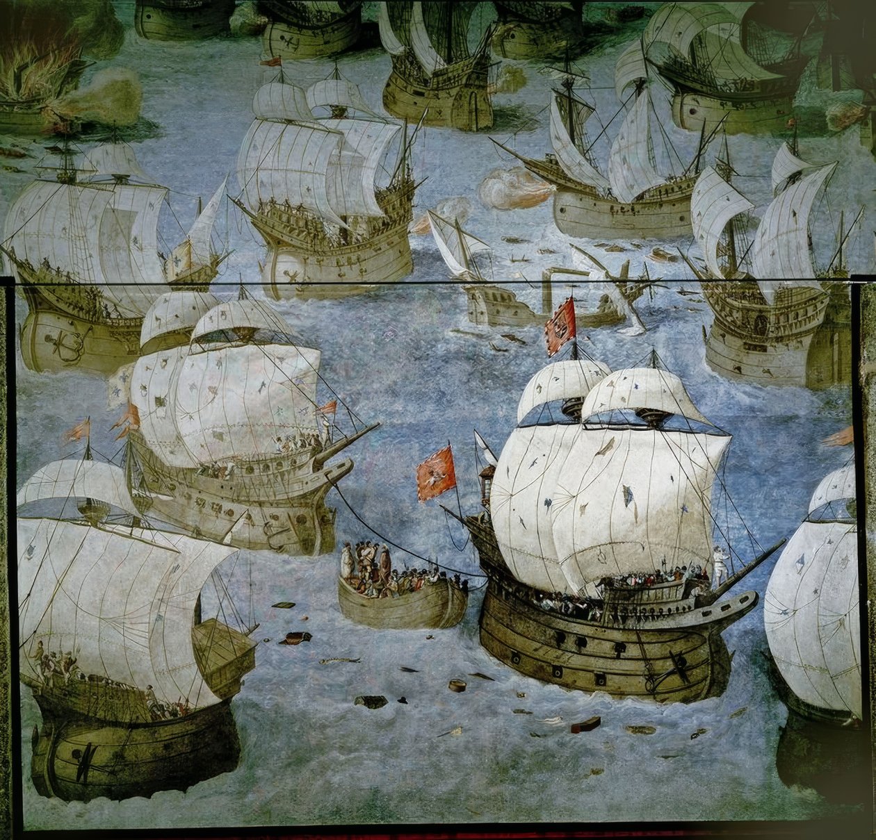 TENGERI CSATA AZ AZORI SZIGETEKEN (1571) - A HARMADIK SZIGET HÓDÍTÁSA - FRISS FESTMÉNY 1585 - RESTAURÁLT alkotó: Granello Tavaron Castello y Cambiasso