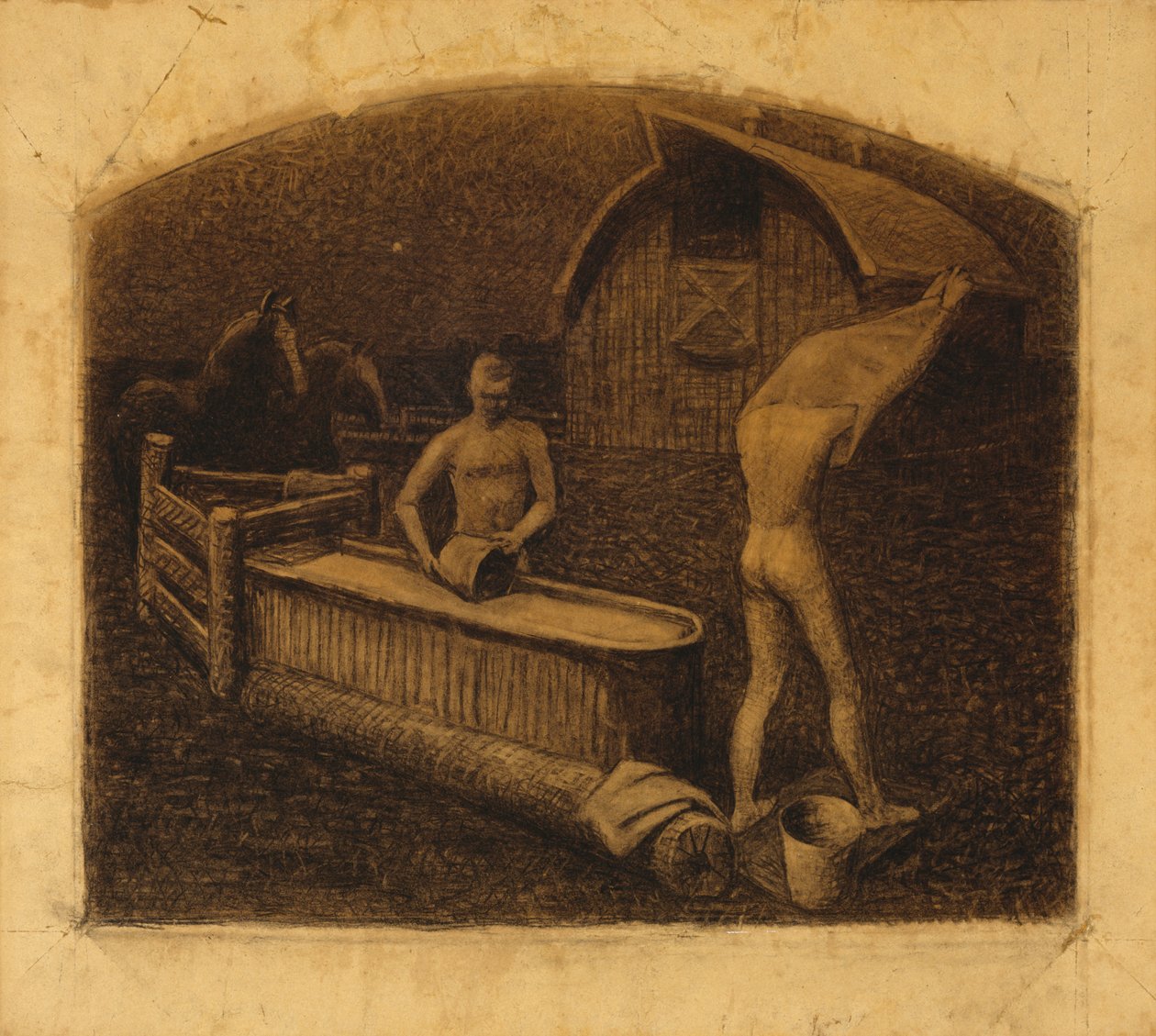 Szombat esti fürdő, 1937 (szén papíron) alkotó: Grant Wood