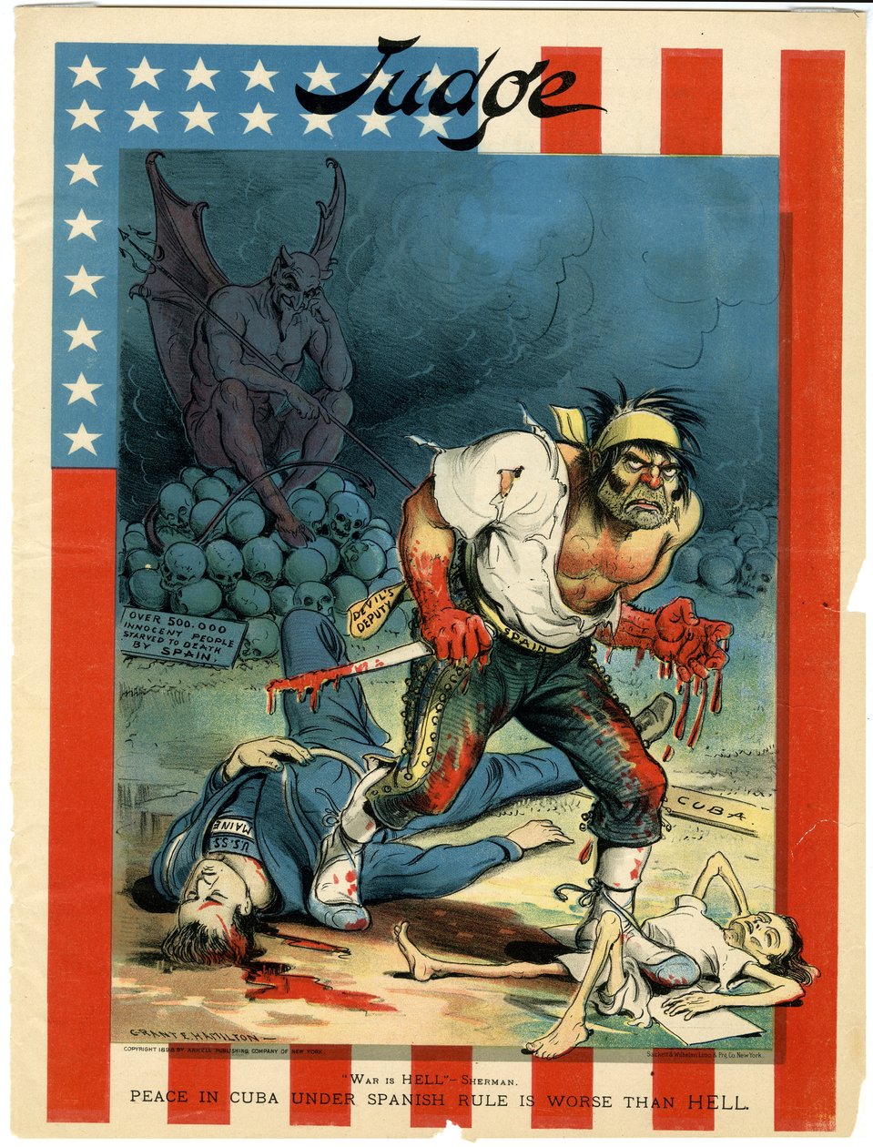 A háború pokol – Sherman, a béke Kubában a spanyol uralom alatt rosszabb a pokolnál, illusztráció a bírótól, 1898. április 30. alkotó: Grant E. Hamilton