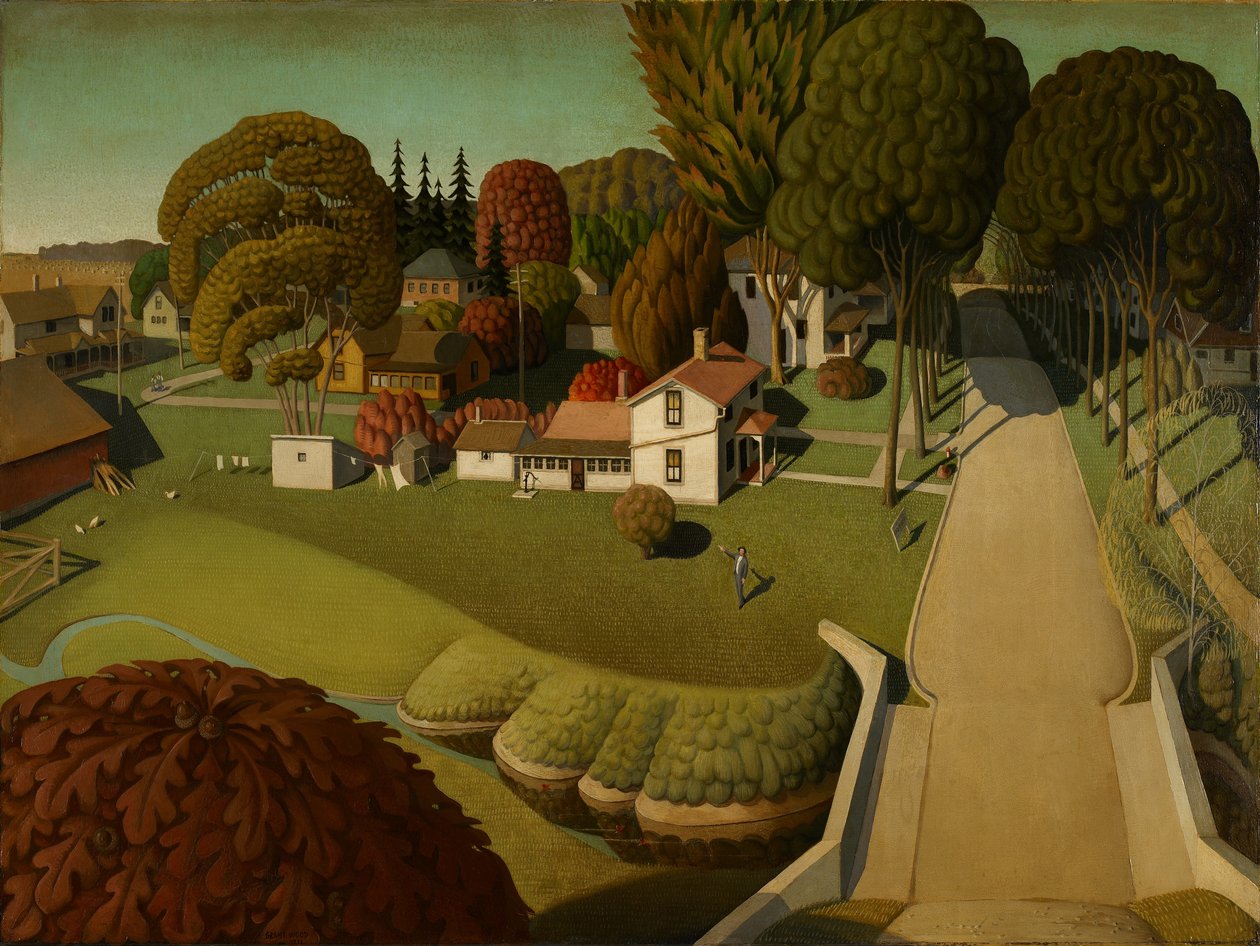 Herbert Hoover születési helye, West Branch, Iowa, 1931 (olaj, masonit) alkotó: Grant Wood