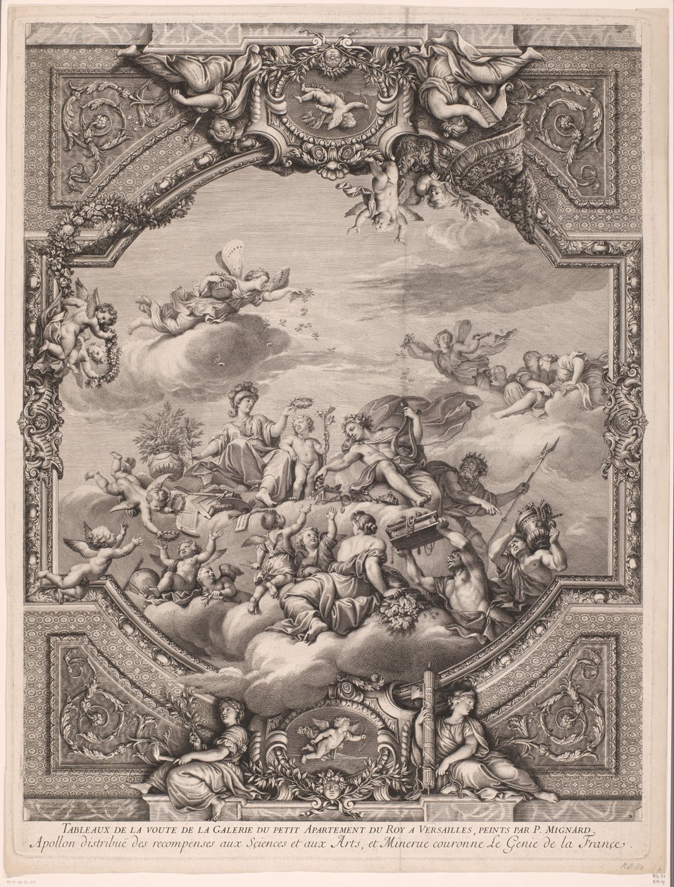 Apollo jutalmakat oszt ki, Minerva pedig megkoronázza Franciaország zsenijét Apollon distirbuë des recompenses aux Sciences et aux Arts, et Minerve couronne le Genie de la France (cím a tárgyon) Mennyezeti festmények a Versailles-i palotában (sorozat címe) alkotó: Gérard Audran