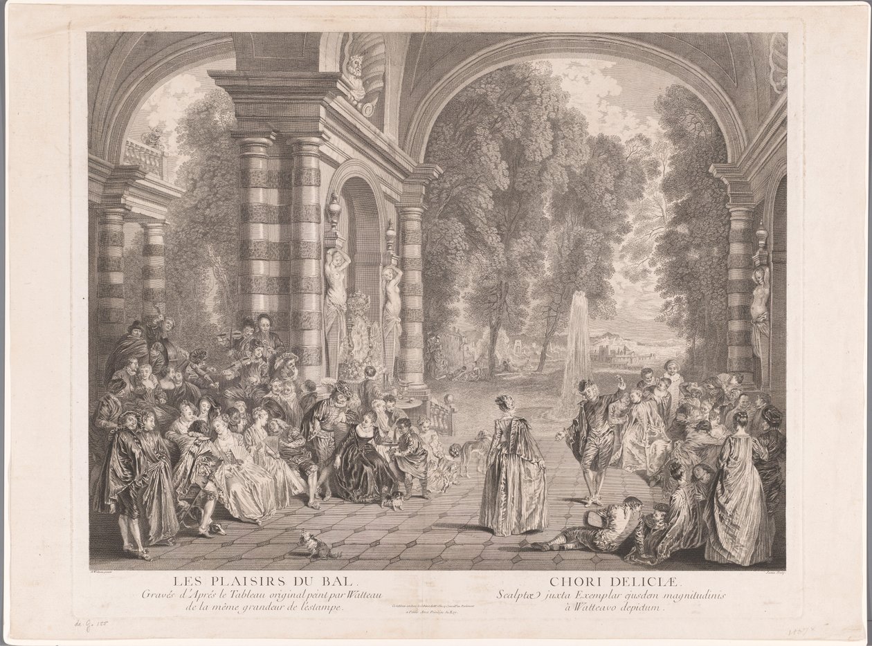 Elegáns társaság egy parkra néző teraszon Les Plaisirs du Bal (cím a tárgyon) alkotó: Gérard Jean Baptiste Scotin (II)