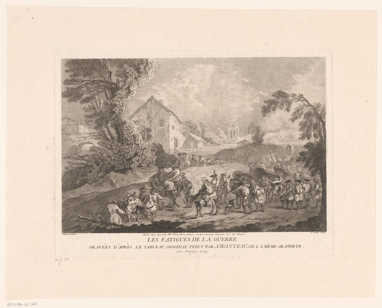 Táj a katonák elhaladó csoportjával Les Fatigues de la Guerre (cím a tárgyon) Antoine Watteau nyomán készült nyomatok (sorozat címe) L