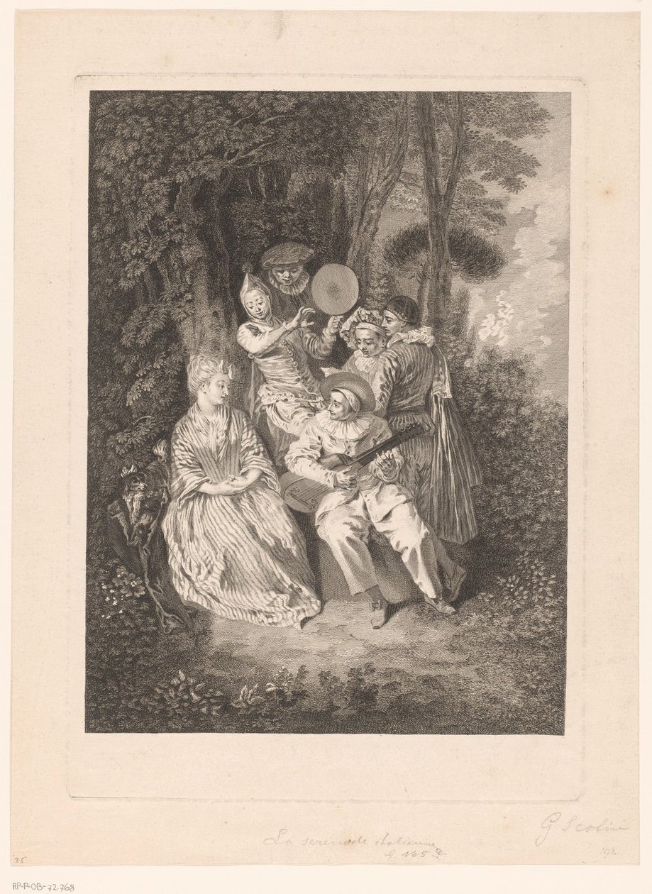 Parki táj színházi alakokkal, akik szerenádot küldenek egy hölgynek La Serenade Italienne (cím a tárgyon) Antoine Watteau nyomán készült nyomatok (sorozat címe) L