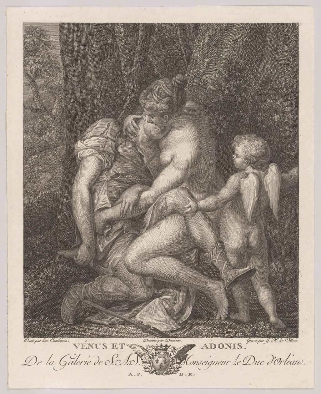Adonist gyászoló Vénusz, aki egy fa alatt ül, és átöleli őt, Ámorral a jobb oldalon, kb. 1786. alkotó: Gérard René Le Vilain