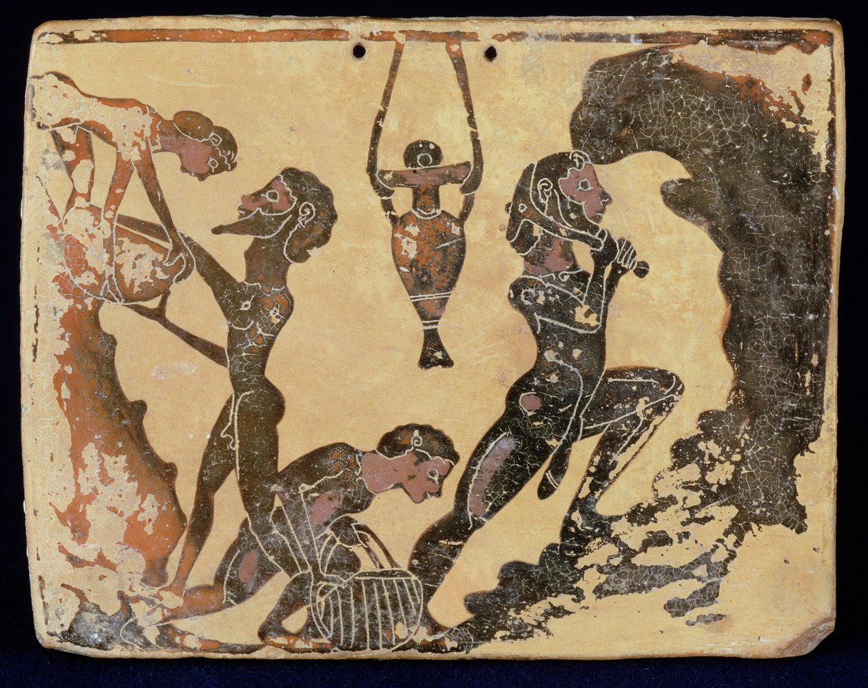 Egy korinthoszi plakett, amely munkásokat ábrázol egy agyaggödörben, a Korinthosz melletti Penteskophiából, Kr. e. 575-550 (agyag). alkotó: Greek