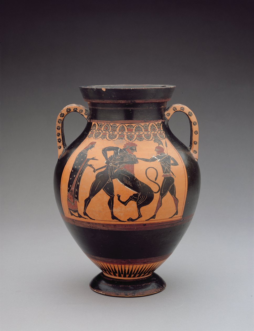 Herkulest ábrázoló amfora, amint a Nemeai Oroszlánnal harcol, Kr.e. 540 körül (agyag) alkotó: Greek