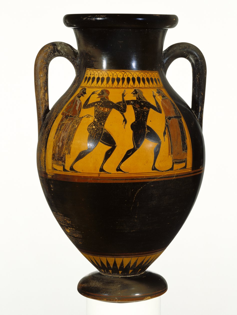 Athéni attikai fekete alakos amfora táncosokkal, Kr.e. 540-30 körül (terrakotta) alkotó: Greek