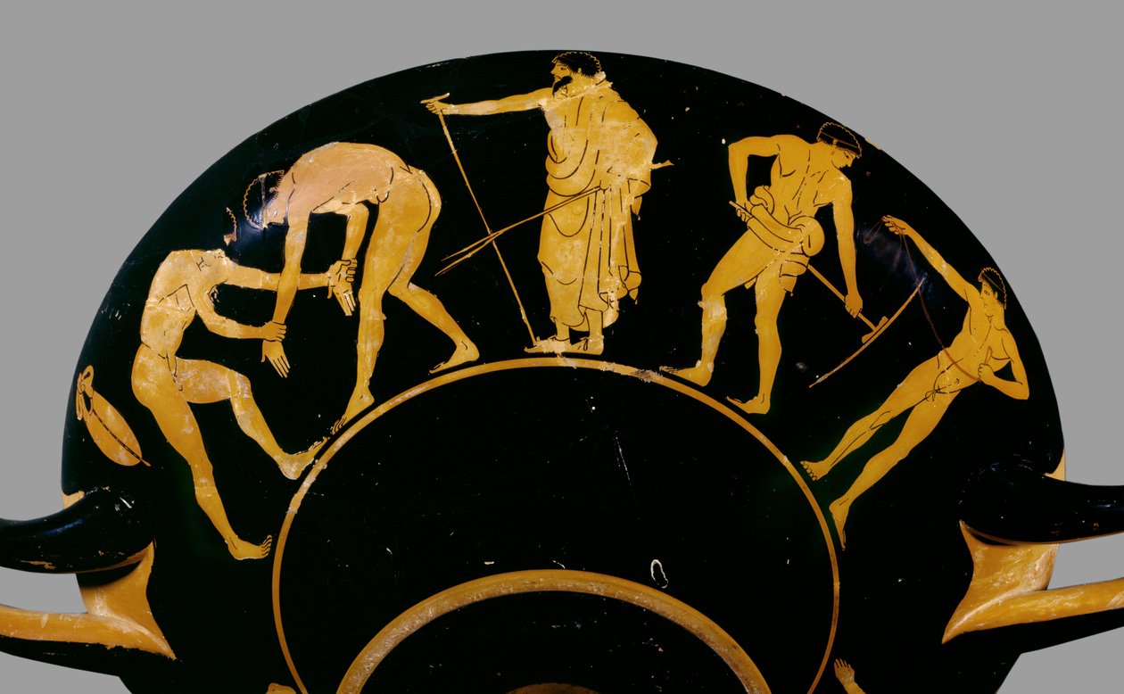 Athéni vörös alakos kupa; edzőt ábrázol birkózókkal és más sportolókkal, Kr. e. 480 (kerámia) alkotó: Greek