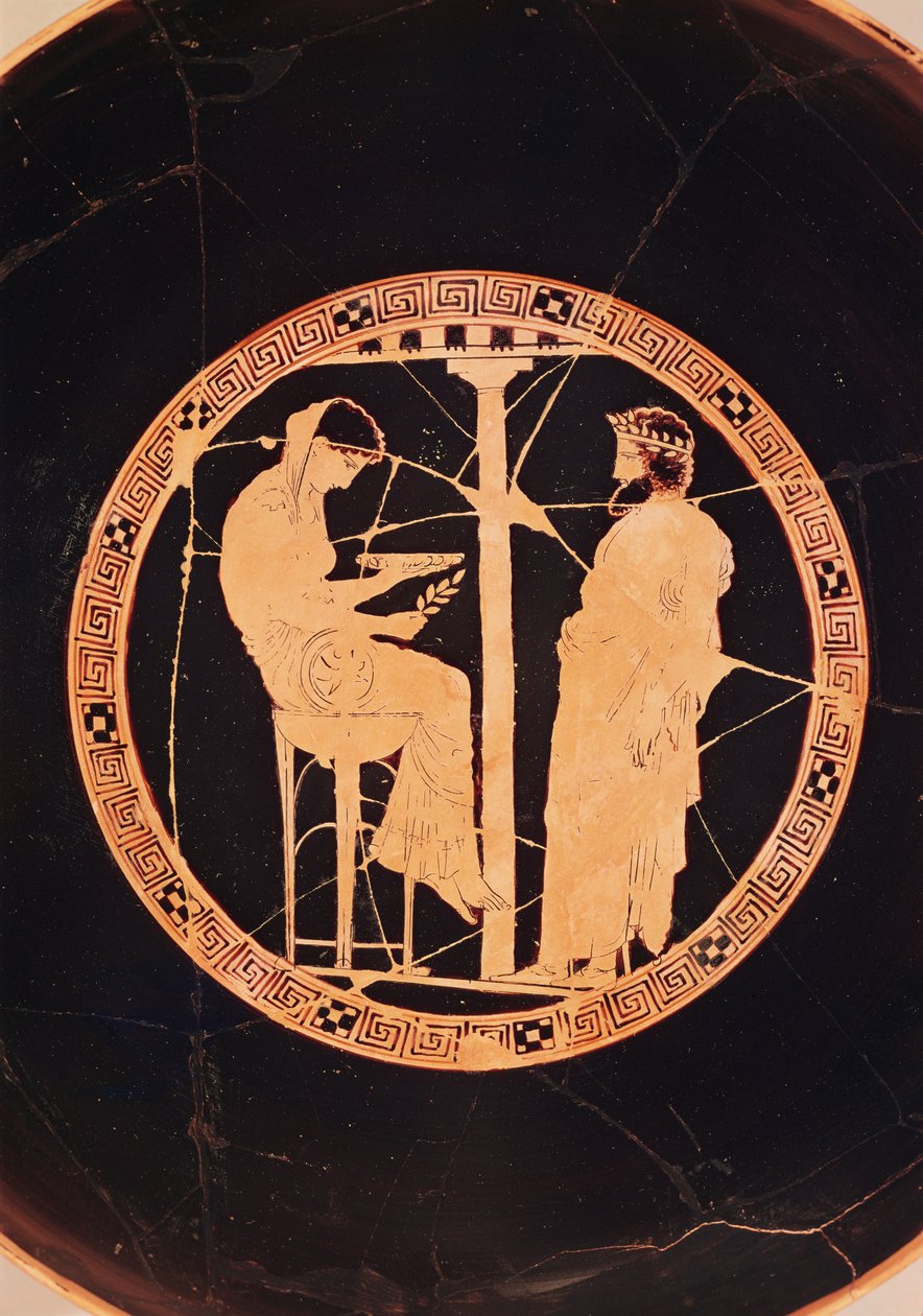 Athéni vörös figurás kylix, amely Aigeust, Athén királyát ábrázolja, amint a delphoi jósdával konzultál (kerámia). alkotó: Greek