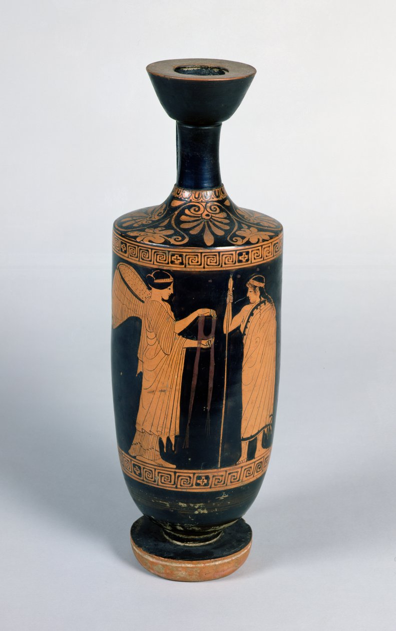 Padlás Lekythos, nike (szárnyas győzelem) ábrázolása, amely koszorút ajánl egy fiatalnak, Kr.e. 480-470 (kerámia) alkotó: Greek