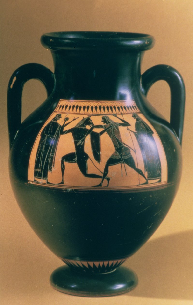 Attikai fekete alakos amfora, Thészeusz és a Minótaurosz ábrázolásával, Kr.e. 540-30 körül (agyagedény) alkotó: Greek