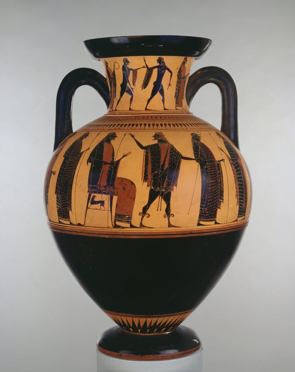 Tetőtéri fekete figurás amfora Zeusz és Hermész jeleneteivel díszítve, az Affektáló festő által, Kr.e. 540-525 (kerámia) alkotó: Greek