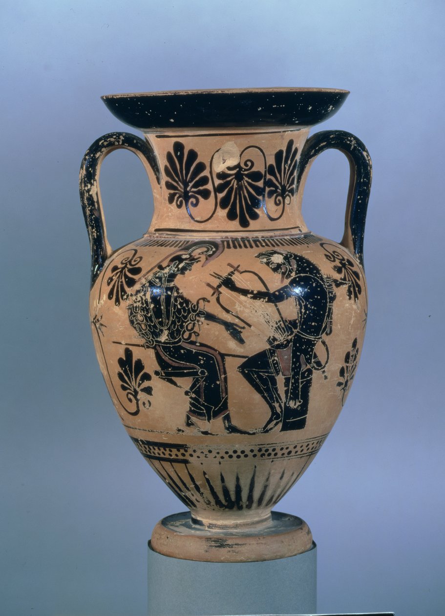 Tetőtéri fekete figurás amfora, amely Orpheust ábrázolja, amint líráját játszik Athénéhoz (kerámia) alkotó: Greek