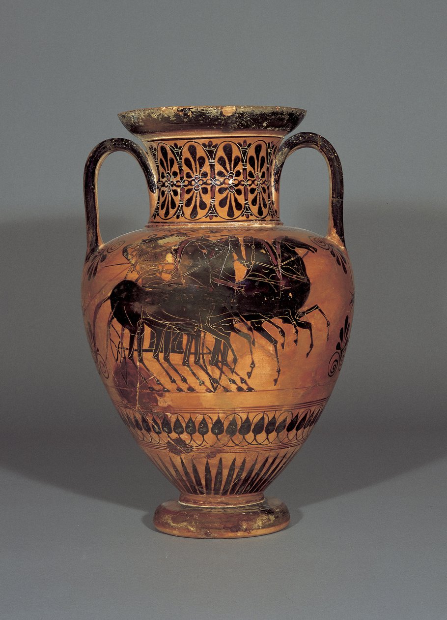 Padlási fekete alakos nyakamfora, amely Athénét quadrigában ábrázolja, ie 530-530 (agyag) alkotó: Greek