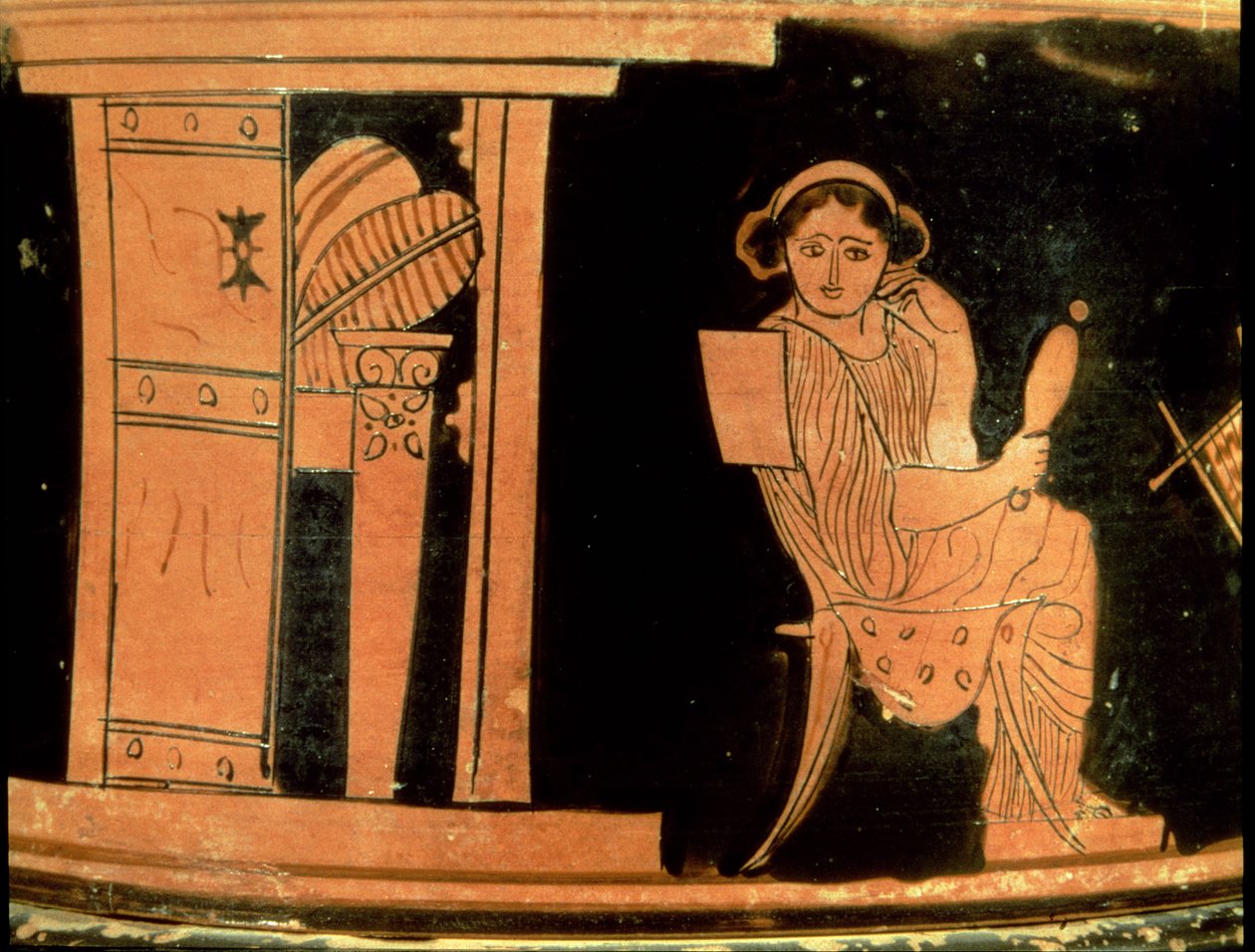 Menyasszonyt ábrázoló tetőtéri vörös pyxis figura, Kr.e. V. század (kerámia) alkotó: Greek