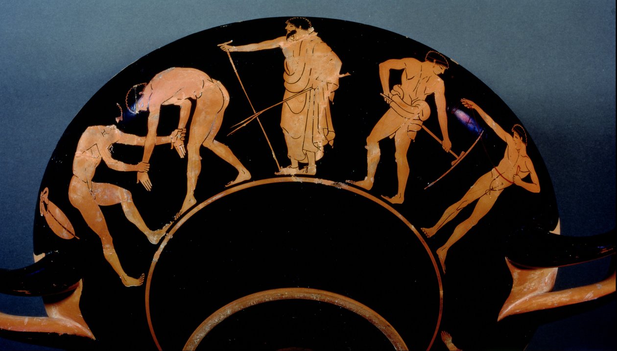 Padlás, vörös alakos kylix, amely sportolókat edz (kerámia) (lásd még: 103375) alkotó: Greek