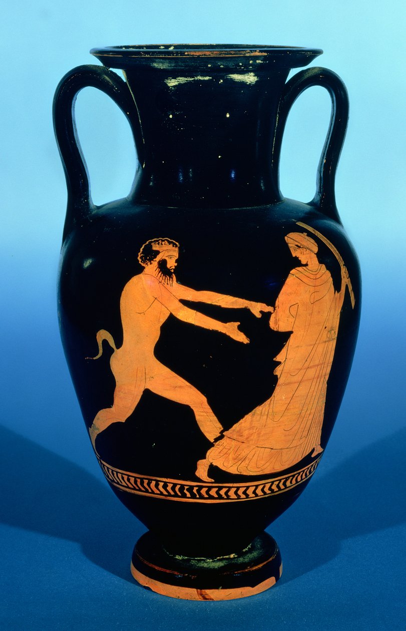 Tetőtéri vörös alakos nolan amfora, egy szatír által üldözött hölgy díszítésével, ie 450-440 körül (kerámia) alkotó: Greek