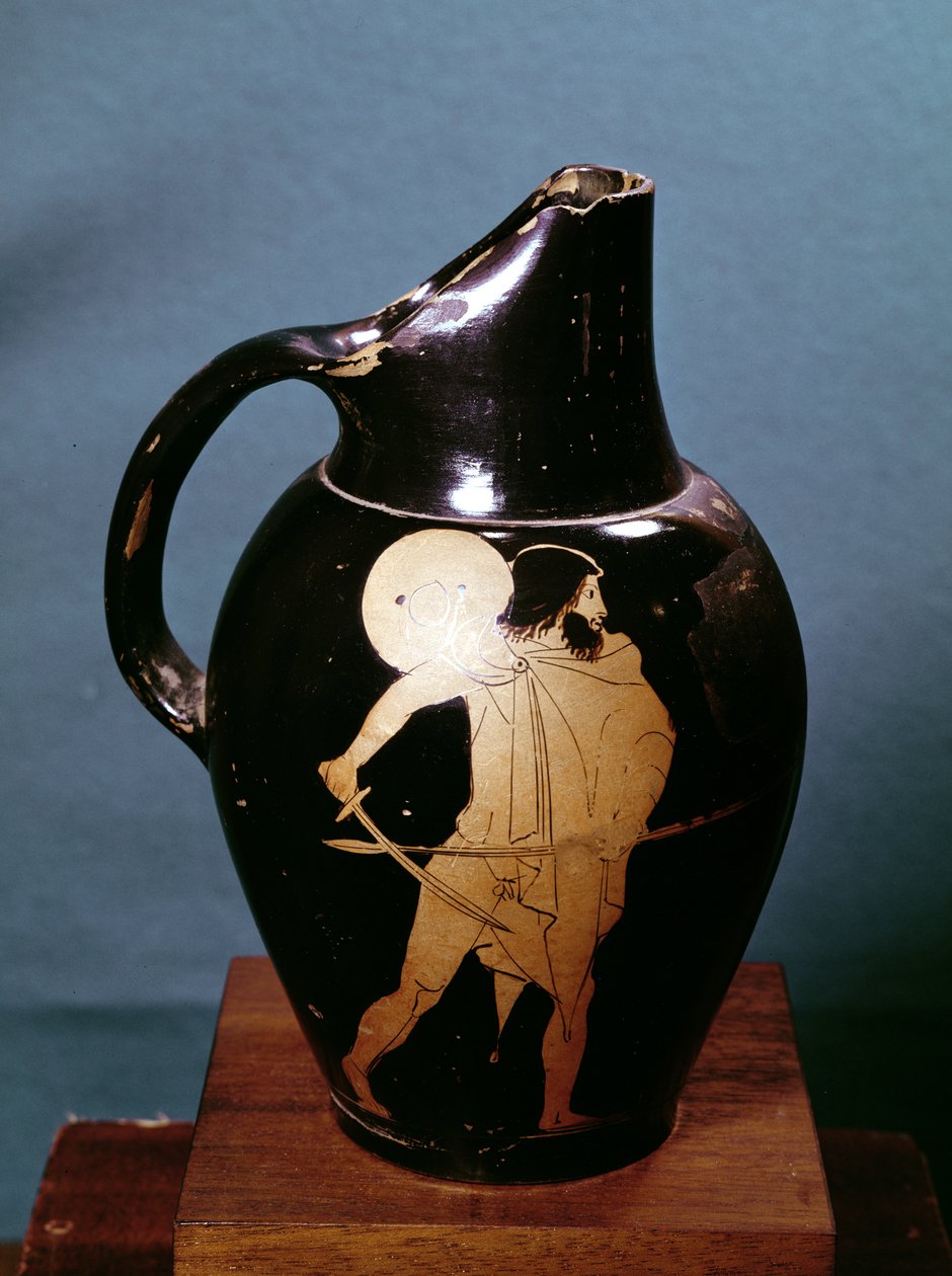 Tetőtéri vörös figura oinochoe, amely Ulysses-t ábrázolja, amint Circe varázslónőt üldözi kardjával (kerámia) (lásd még: 279363) alkotó: Greek