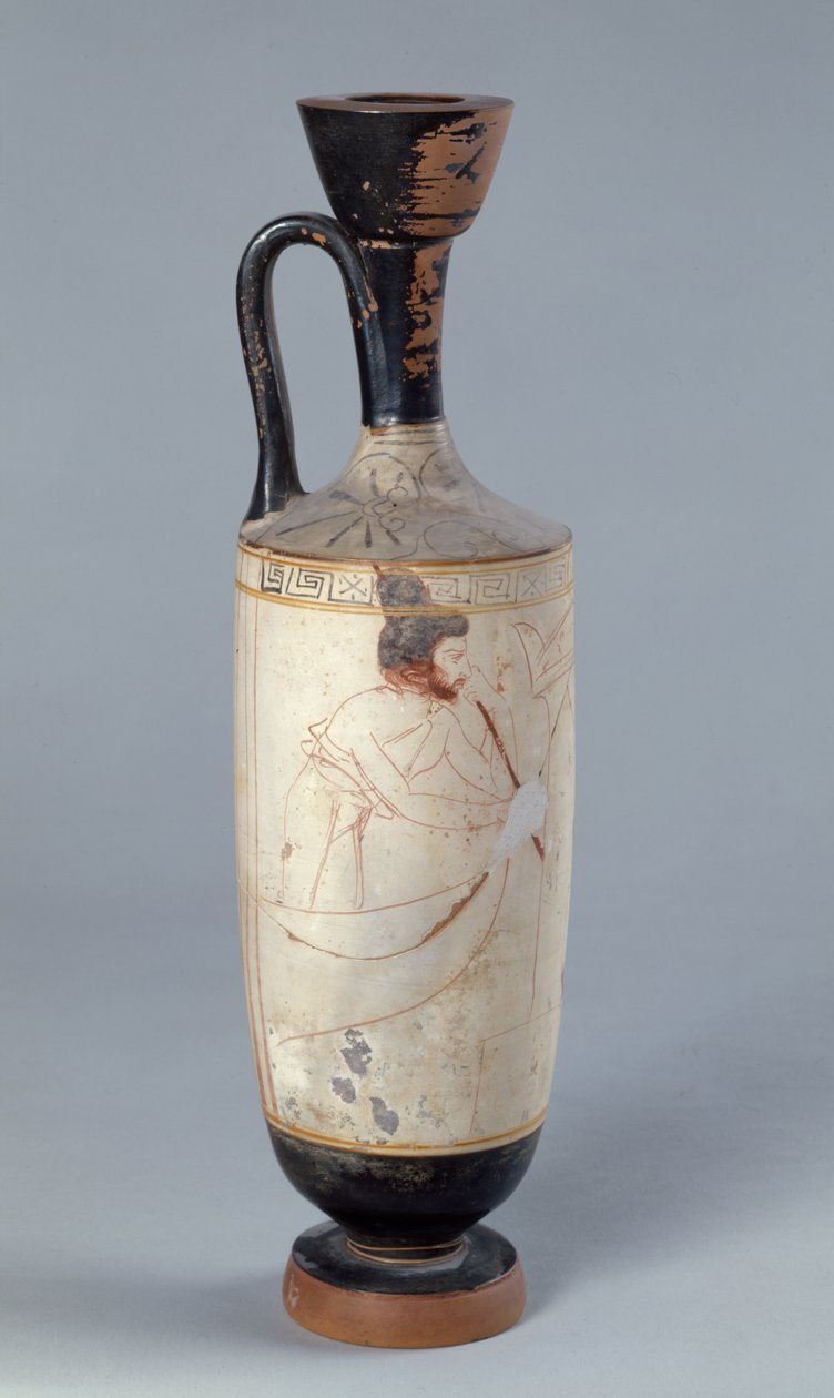 Padlásfehér földi lekythos, amely Charont, az alvilág révészét ábrázolja, aki egy halott lelkét fogadja, Kr.e. 420 körül (kerámia) alkotó: Greek