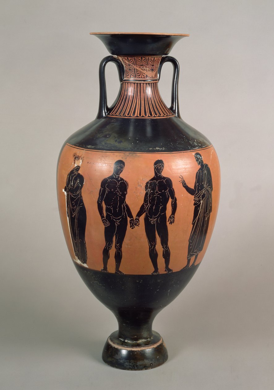 Fekete figurás Panathenaic-díjas amfora, két bokszolót, egy edzőt és Olympiast ábrázol, padlás, görög, ie 340-339 (kerámia) (lásd még: 120115) alkotó: Greek
