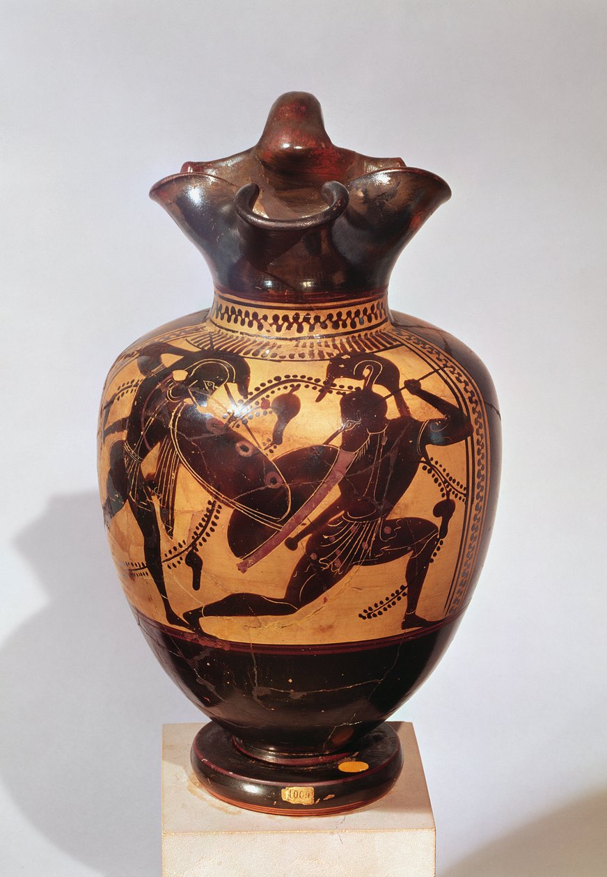 Fekete alakú, harcosokkal díszített oinochoe, Kr.e. 530-520 körül (kerámia) alkotó: Greek