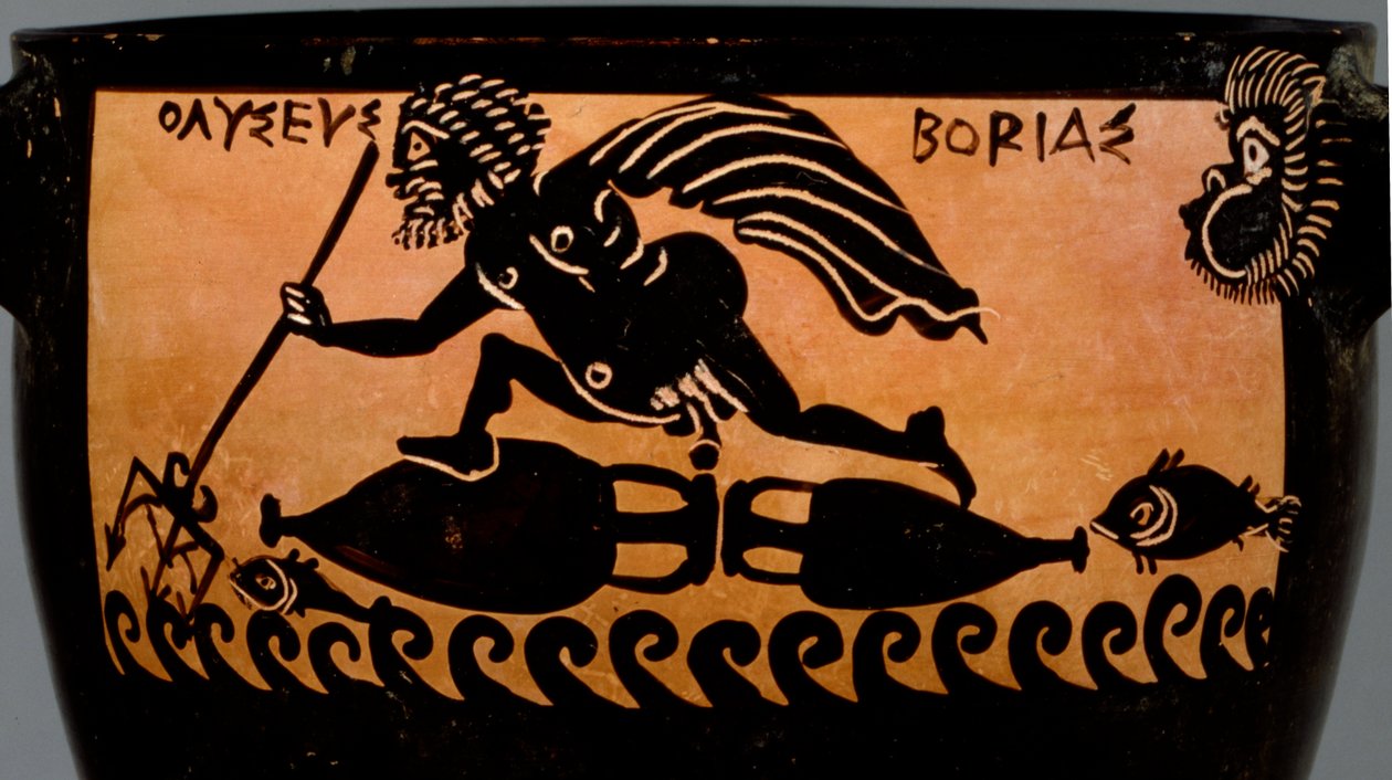 Boióta fekete figurás skyphos, Odüsszeuszt Boreas által a tengeren átfújó jelenettel díszítve, a Mystae Painter műhelyéből, Théba, Boiotia, Kr.e. V. század vége (kerámia) (részlet) alkotó: Greek