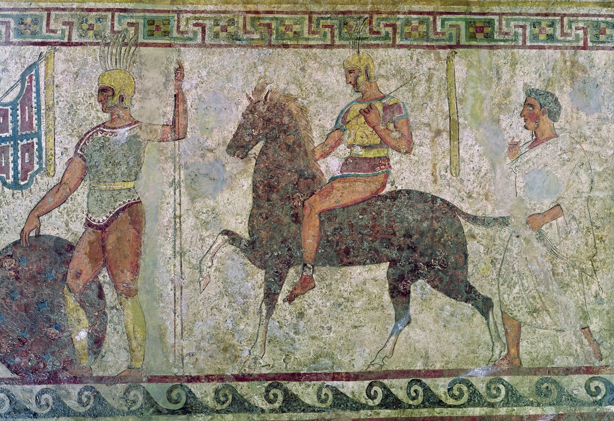 Lovas és egy gyalogos katona, sírfestmény Paestumból alkotó: Greek