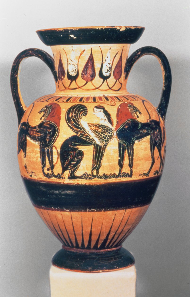 Két oroszlánnal körülvett szfinxet ábrázoló kalcidiai fekete figura, a Polyphemus festő alkotása, ie 540-30 (kerámia) alkotó: Greek