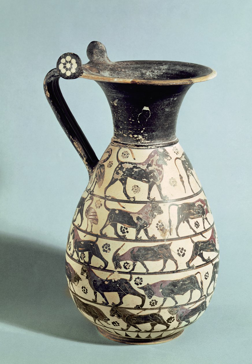 Oroszlánokkal díszített korinthoszi oinochoe, Vulciból, Kr.e. 530-520 körül (kerámia) alkotó: Greek