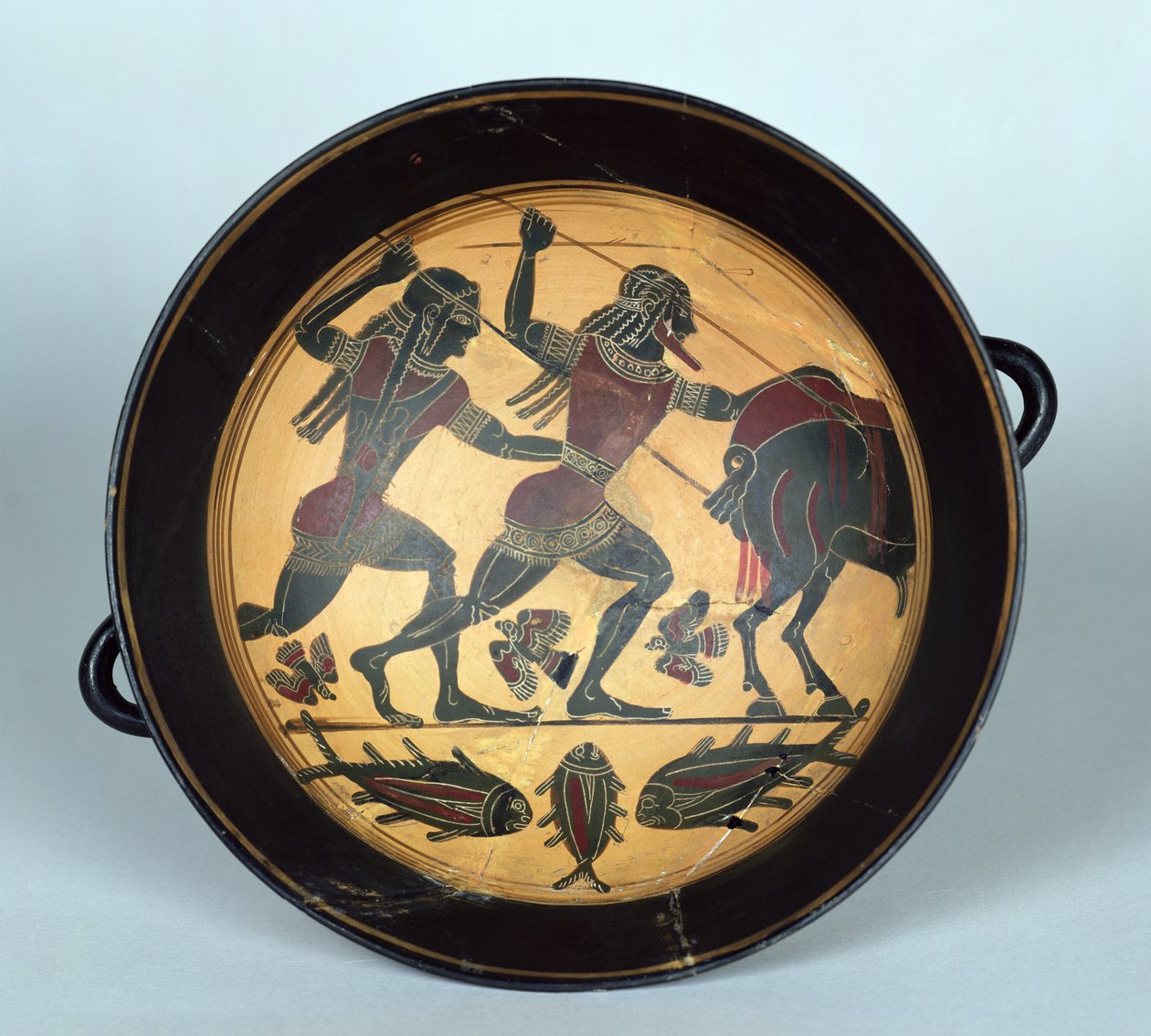 A calydoni vaddisznó vadászatát ábrázoló csésze belseje, Laconian, Kr.e. 560 körül (kerámia) alkotó: Greek