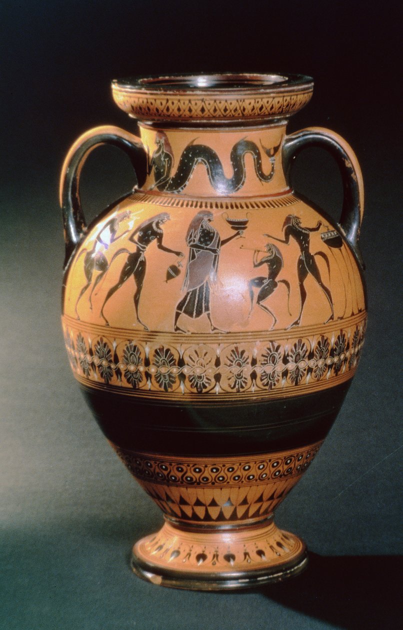 Jóniai fekete alakos amfora, egy sellőt és egy áldozati szertartást ábrázol, Kr.e. 540-530 körül (agyagedény) alkotó: Greek