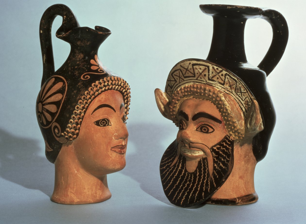 Oinochoe fejvázák, valószínűleg Athénból, LtoR Maenad, E osztályú névváza az Oxford osztályból és Satyr, P osztályú Chairete osztály, Kr.e. 500-450 (polikróm kerámia) alkotó: Greek
