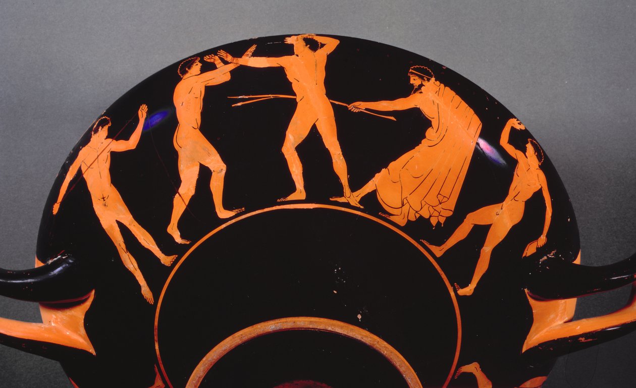 Vörös alakú kylix, amely sportolók edzését ábrázolja, Kr.e. 500 körül (vörös alakú kerámia) (lásd még 103374) alkotó: Greek