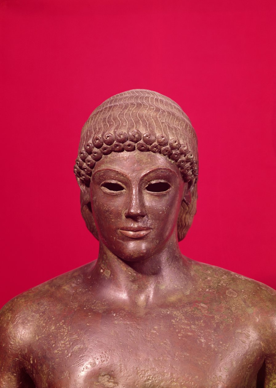 A piombinói Apolló, a szobor fejének részlete, Beneventóban, görögben, Kr.e. 480 körül található bronz lásd még 98014-16 és 177203 alkotó: Greek