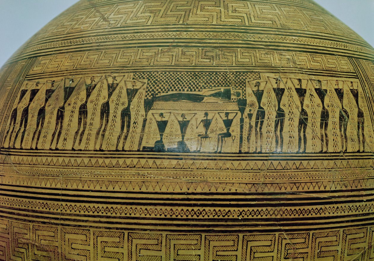 A Dipylon Amphora, geometrikus stílusú temetési urna a Kerameikos nekropoliszból, a temetési jelenet részlete, Athén, Kr.e. 750 körül terrakotta lásd 88063 alkotó: Greek