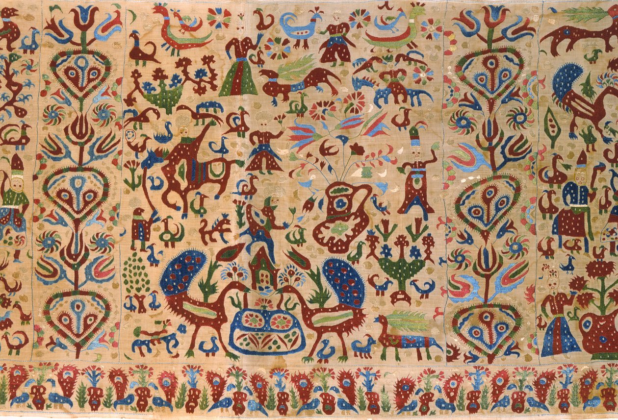 Menyasszonyi ágy karzat része, Ioannina, Ipeiros (selyemszálakkal hímzett lenvászon) (részlet) (lásd még: 271904) alkotó: Greek School