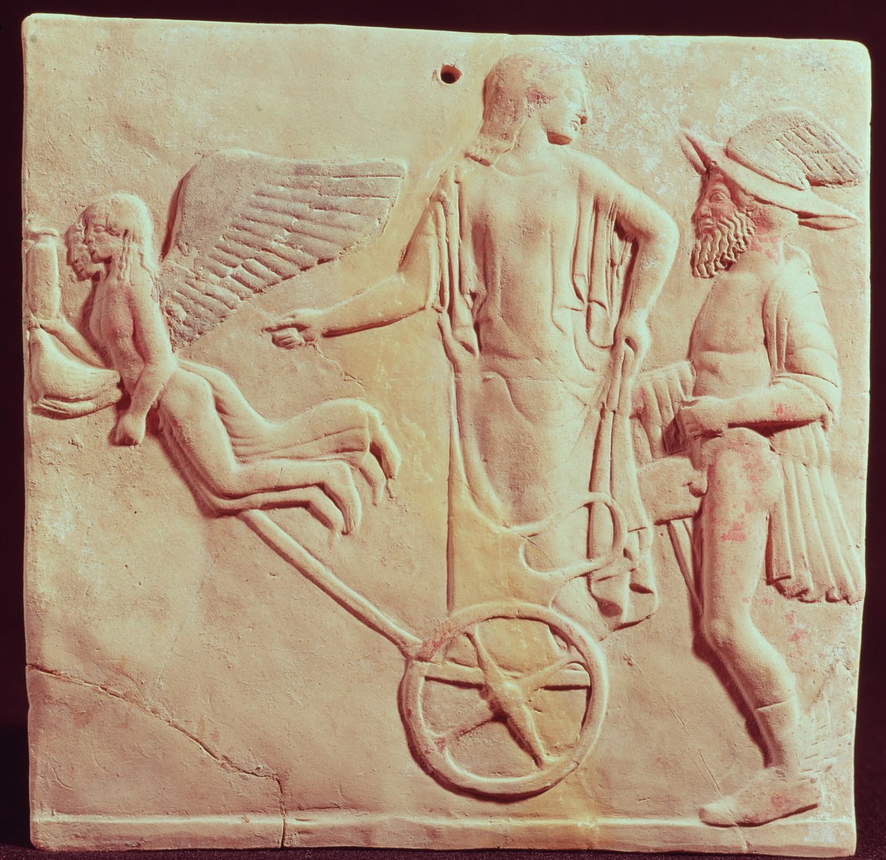 Aphrodité és Hermész Erósz és Psyche által vontatta szekéren lovagolnak, ie 470 (terrakotta) alkotó: Greek